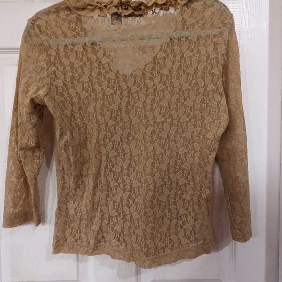 Tan Ruffle V Neck Lace Top with Front Lining 3/4 Length Sleeves - Picture 5 of 9